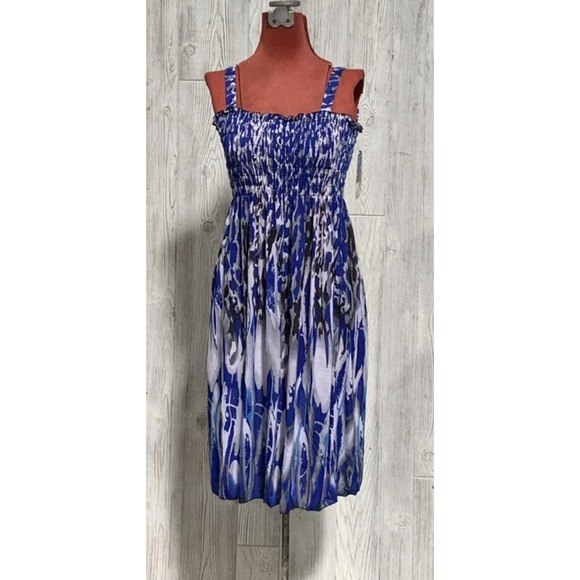 The Unbranded Brand Dresses & Skirts - NWT Blue Gray & White Mottled Stretch Gathered Bust Midi Dress Sundress L #16